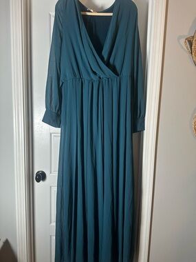 Women's Teal Long Sleeve V-Neck Maxi Dress